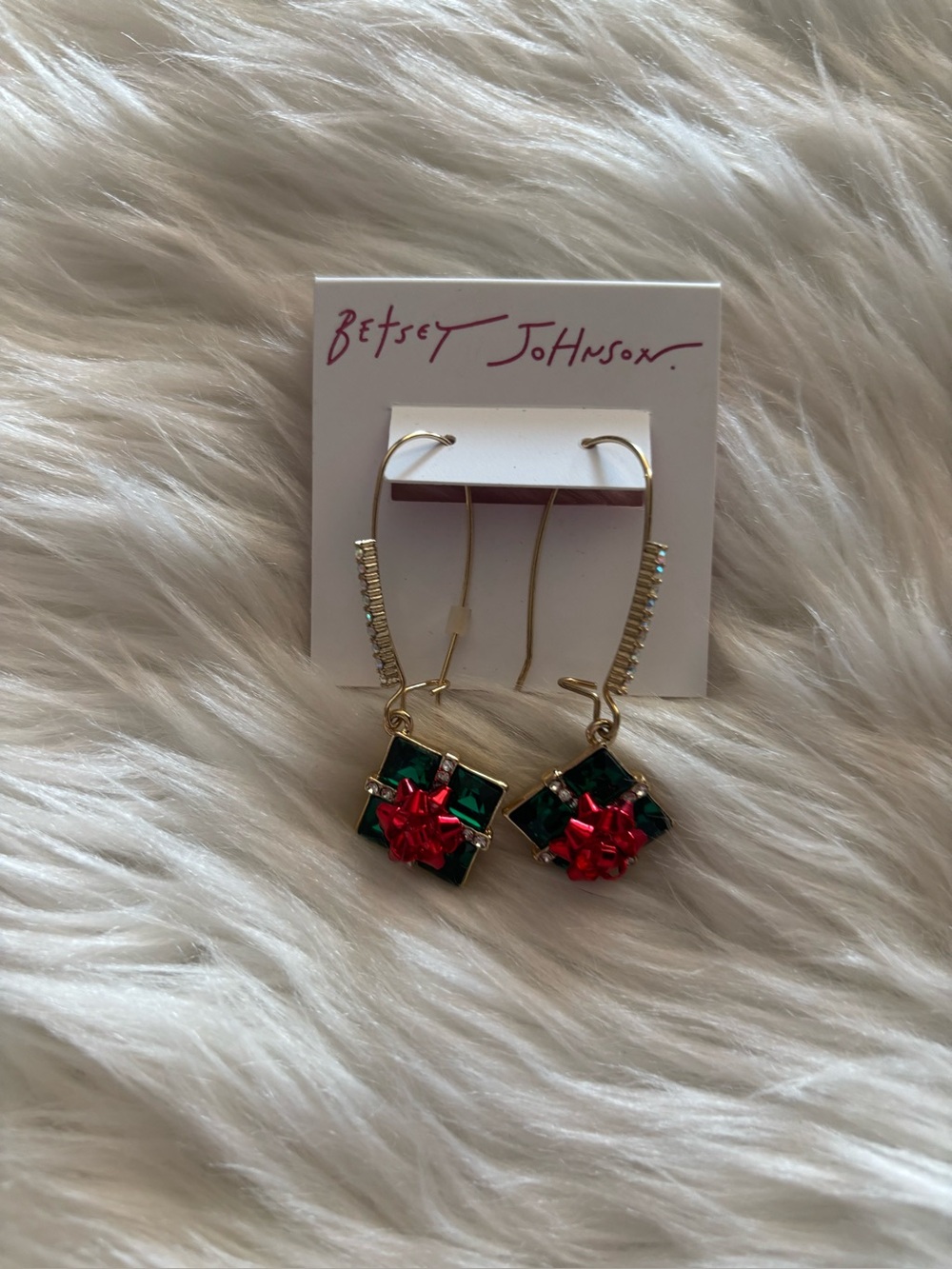 Betsey Johnson Gold-Tone Earrings with Green Squares and Red Bow Charms